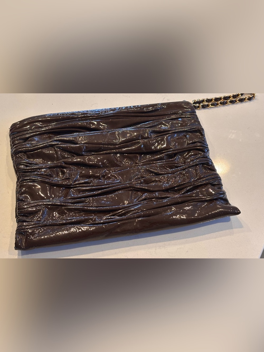 Onna Ehrlich Glossy Ruched Patent Brown Clutch Wristlet